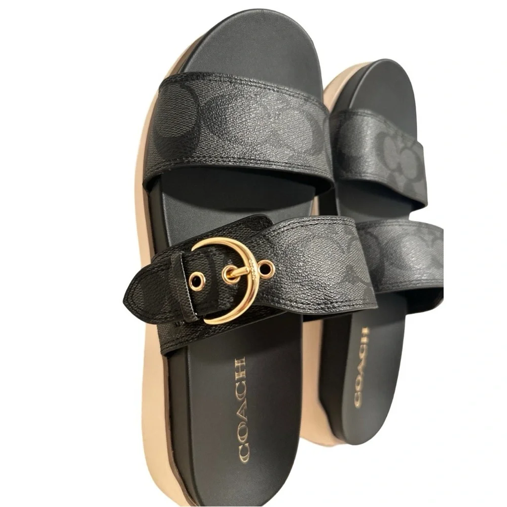 COACH Gwen Signature Black Golden Buckle Leather Strap Sandals 8B US / 38.5 EU - Picture 7 of 16